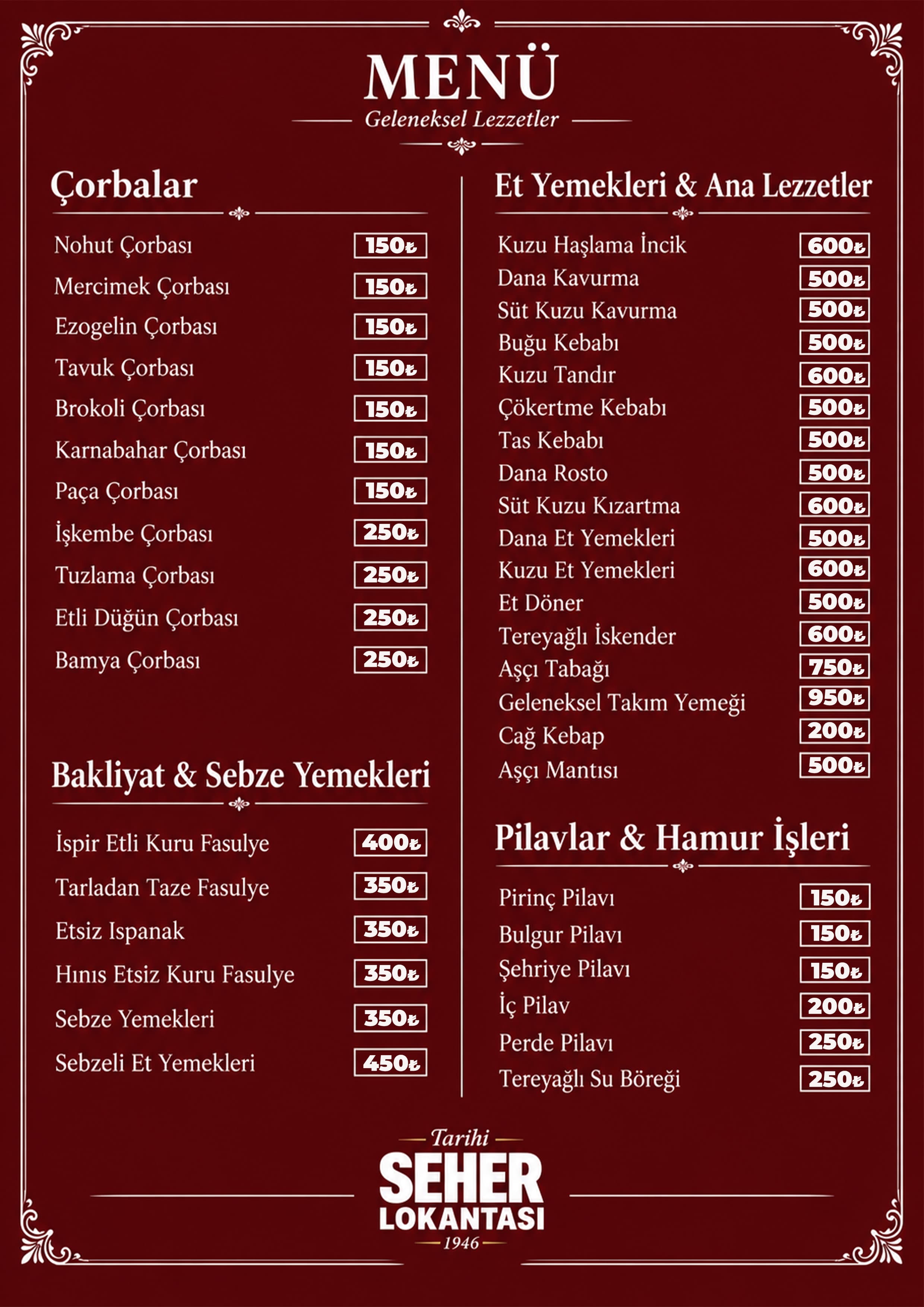 Tarihi Seher Lokantası geleneksel yemekler menüsü